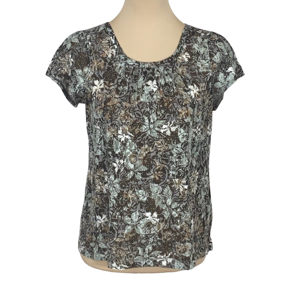 Relativity Lightweight Sheer Burnout Brown & Green Floral Shirt, Petite Medium